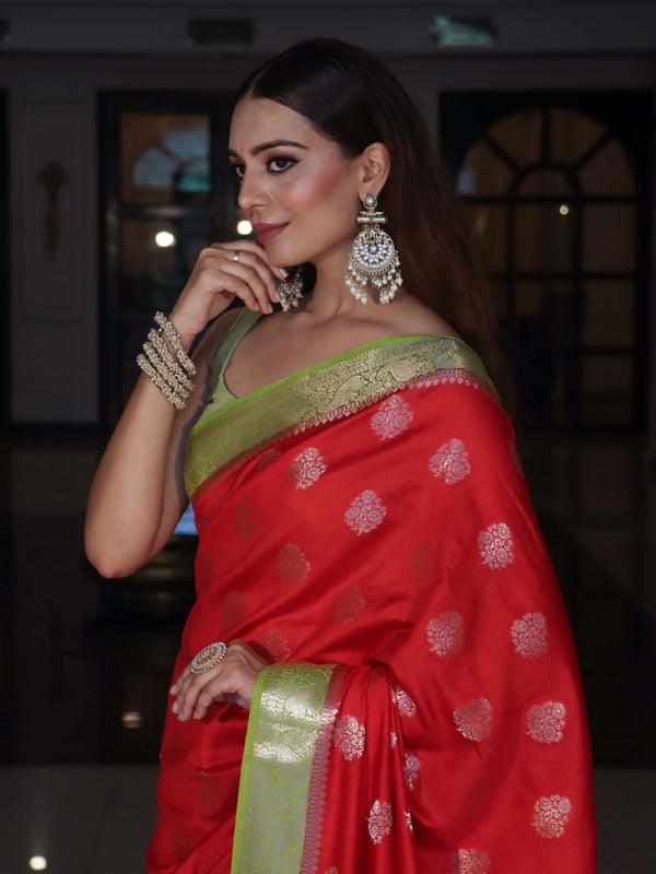Banarasee Handloom Pure Silk Saree With Zari Buta Work & Contrast Border-Red & Green