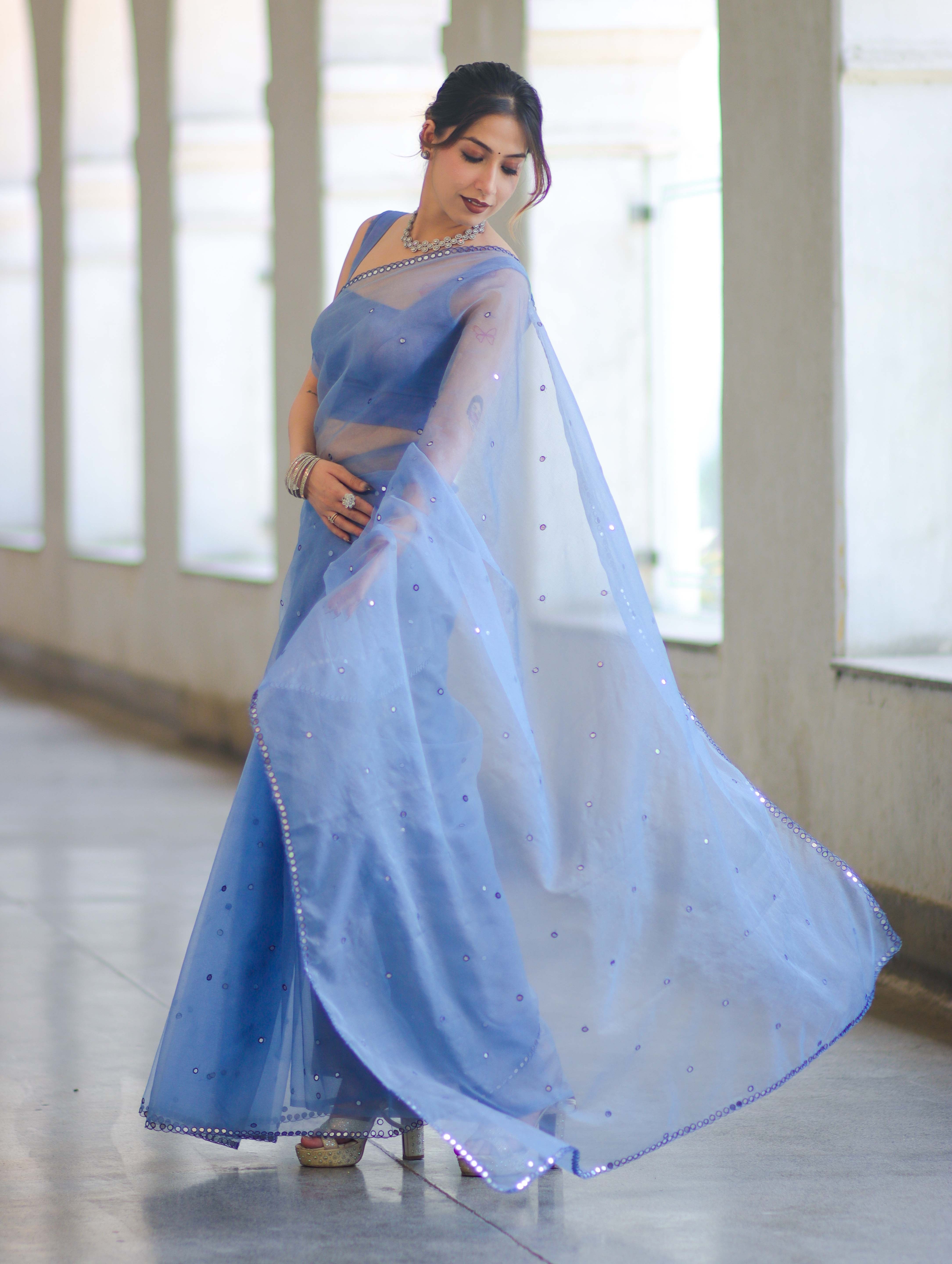 Banarasee Handwoven Organza Mix Saree With Mirror Work-Light Blue