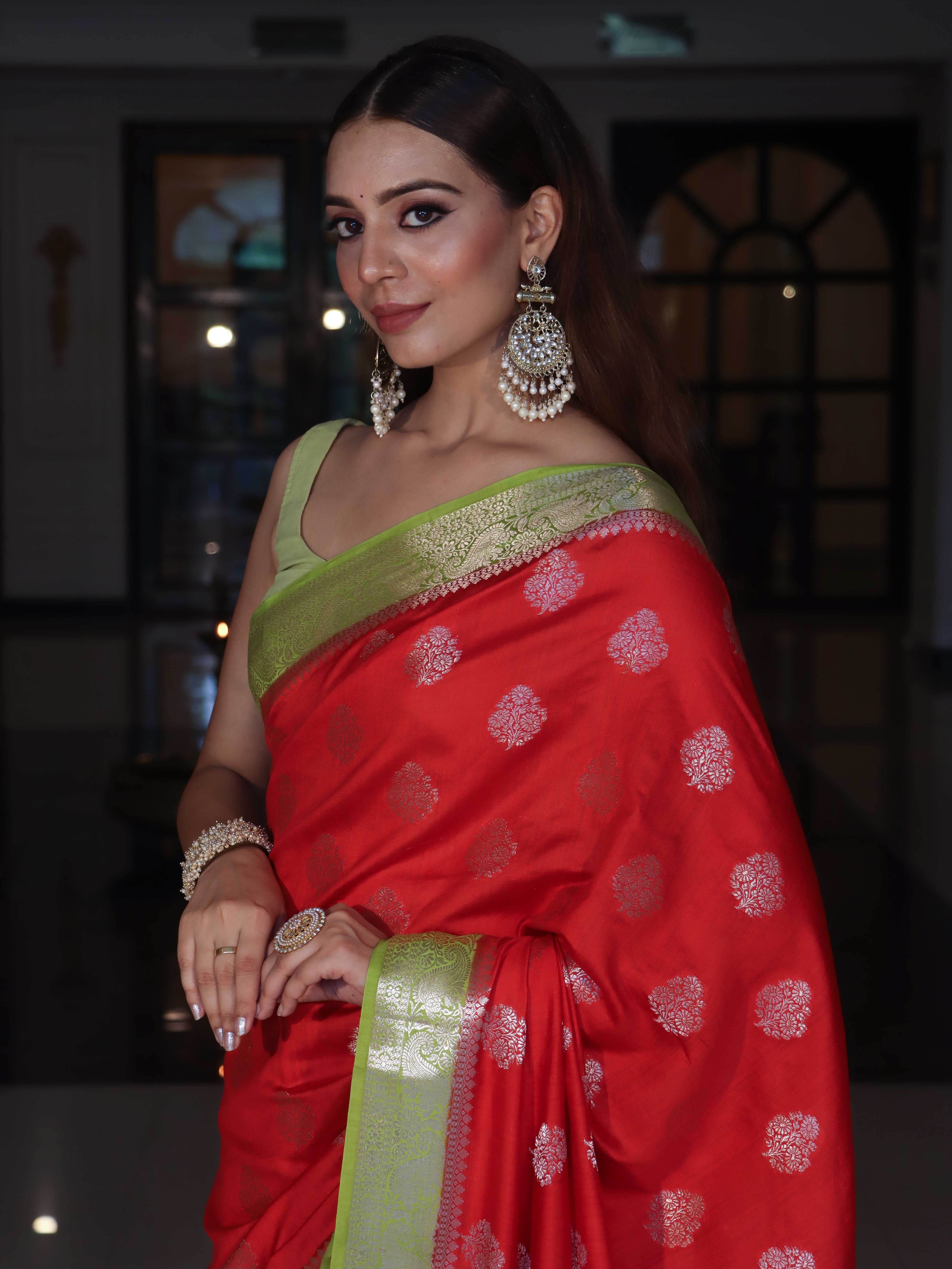 Banarasee Handloom Pure Silk Saree With Zari Buta Work & Contrast Border-Red & Green