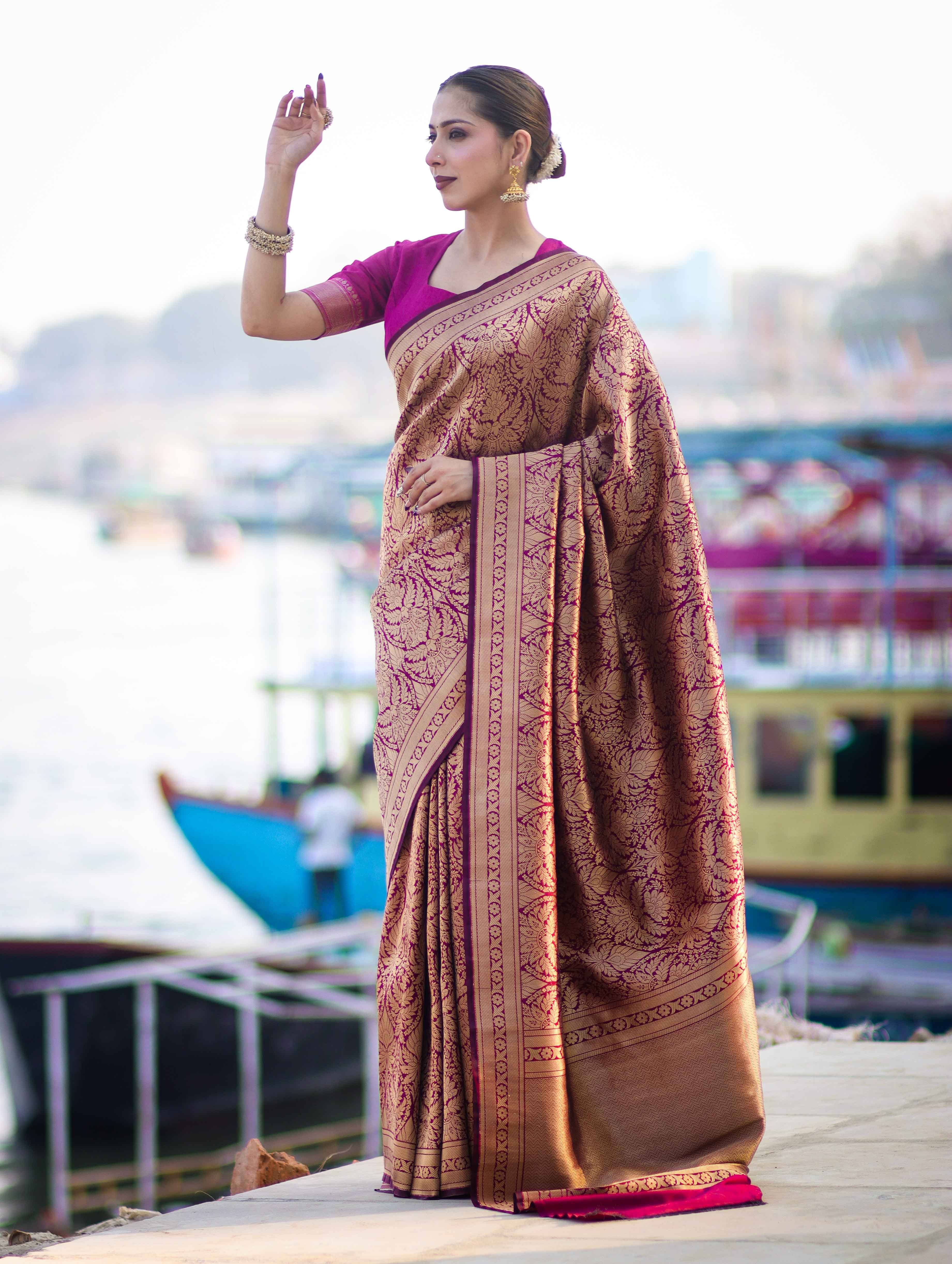 Banarasee Handloom Semi Katan Saree With Gold Zari Woven Design-Magenta