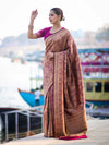 Banarasee Handloom Semi Katan Saree With Gold Zari Woven Design-Magenta