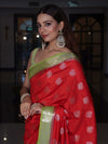 Banarasee Handloom Pure Silk Saree With Zari Buta Work & Contrast Border-Red & Green