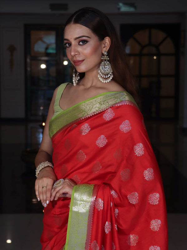 Banarasee Handloom Pure Silk Saree With Zari Buta Work & Contrast Border-Red & Green