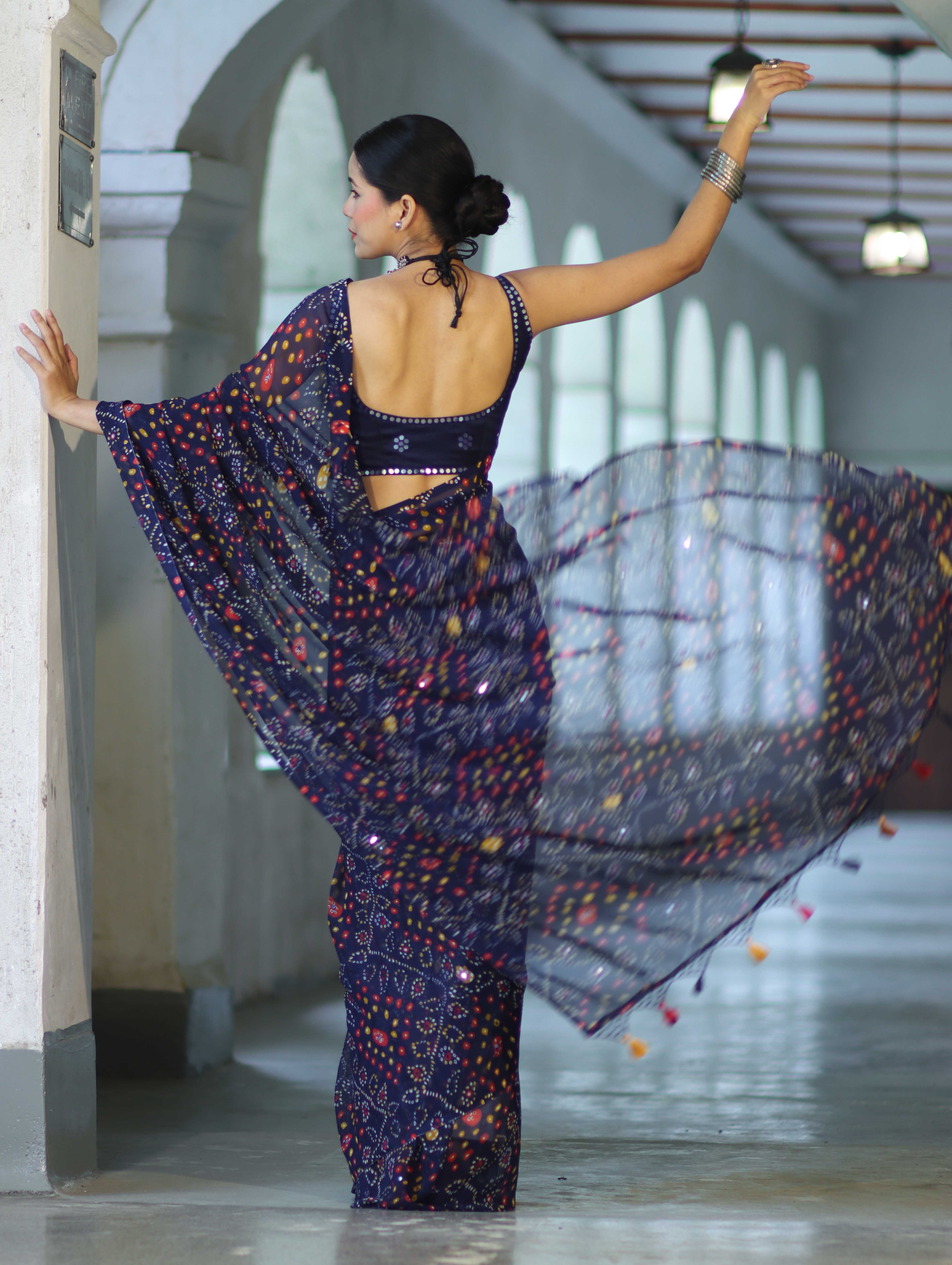 Banarasee Printed Handwork Chiffon Saree-Navy Blue