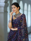 Banarasee Printed Handwork Chiffon Saree-Navy Blue