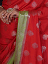 Banarasee Handloom Pure Silk Saree With Zari Buta Work & Contrast Border-Red & Green
