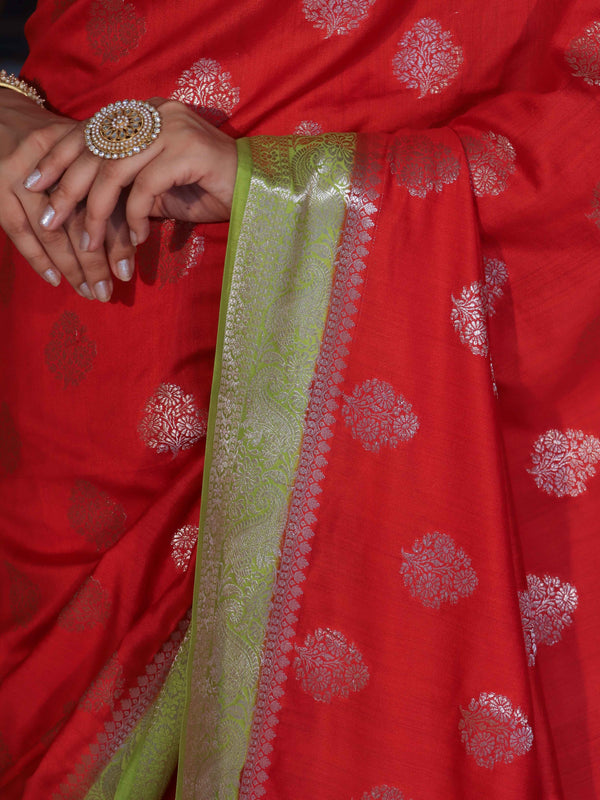 Banarasee Handloom Pure Silk Saree With Zari Buta Work & Contrast Border-Red & Green