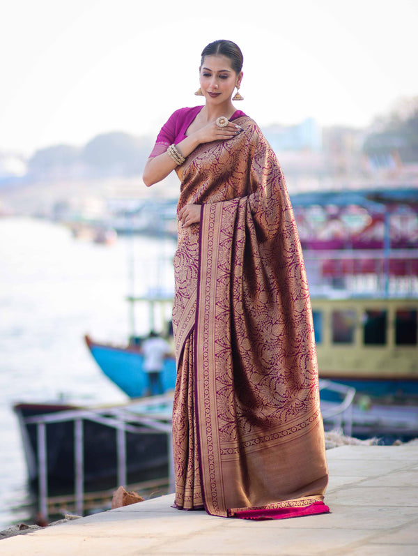 Banarasee Handloom Semi Katan Saree With Gold Zari Woven Design-Magenta