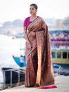 Banarasee Handloom Semi Katan Saree With Gold Zari Woven Design-Magenta