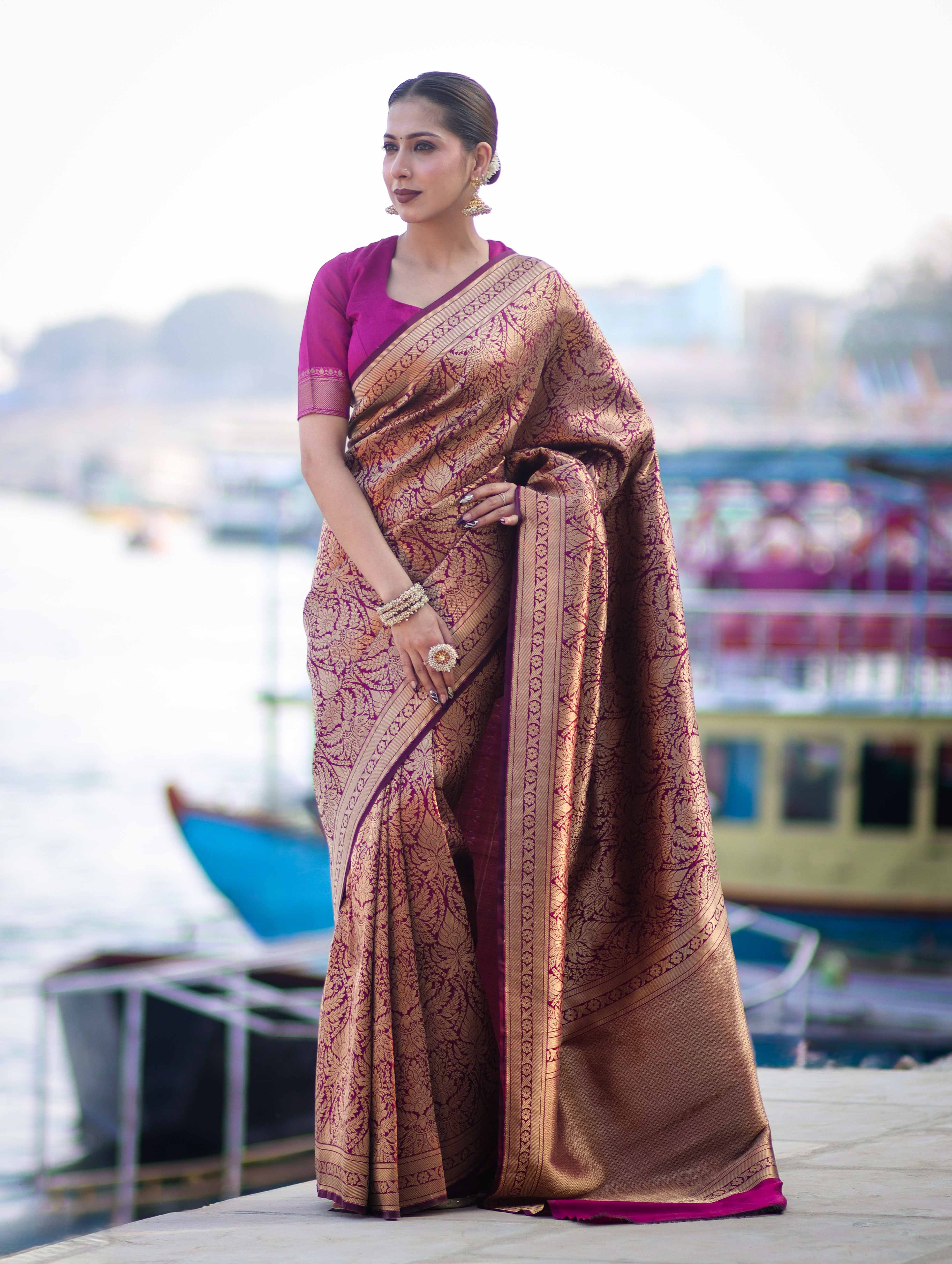 Banarasee Handloom Semi Katan Saree With Gold Zari Woven Design-Magenta