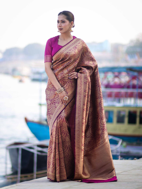 Banarasee Handloom Semi Katan Saree With Gold Zari Woven Design-Magenta