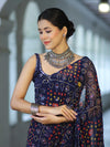 Banarasee Printed Handwork Chiffon Saree-Navy Blue