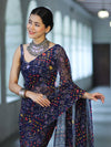 Banarasee Printed Handwork Chiffon Saree-Navy Blue