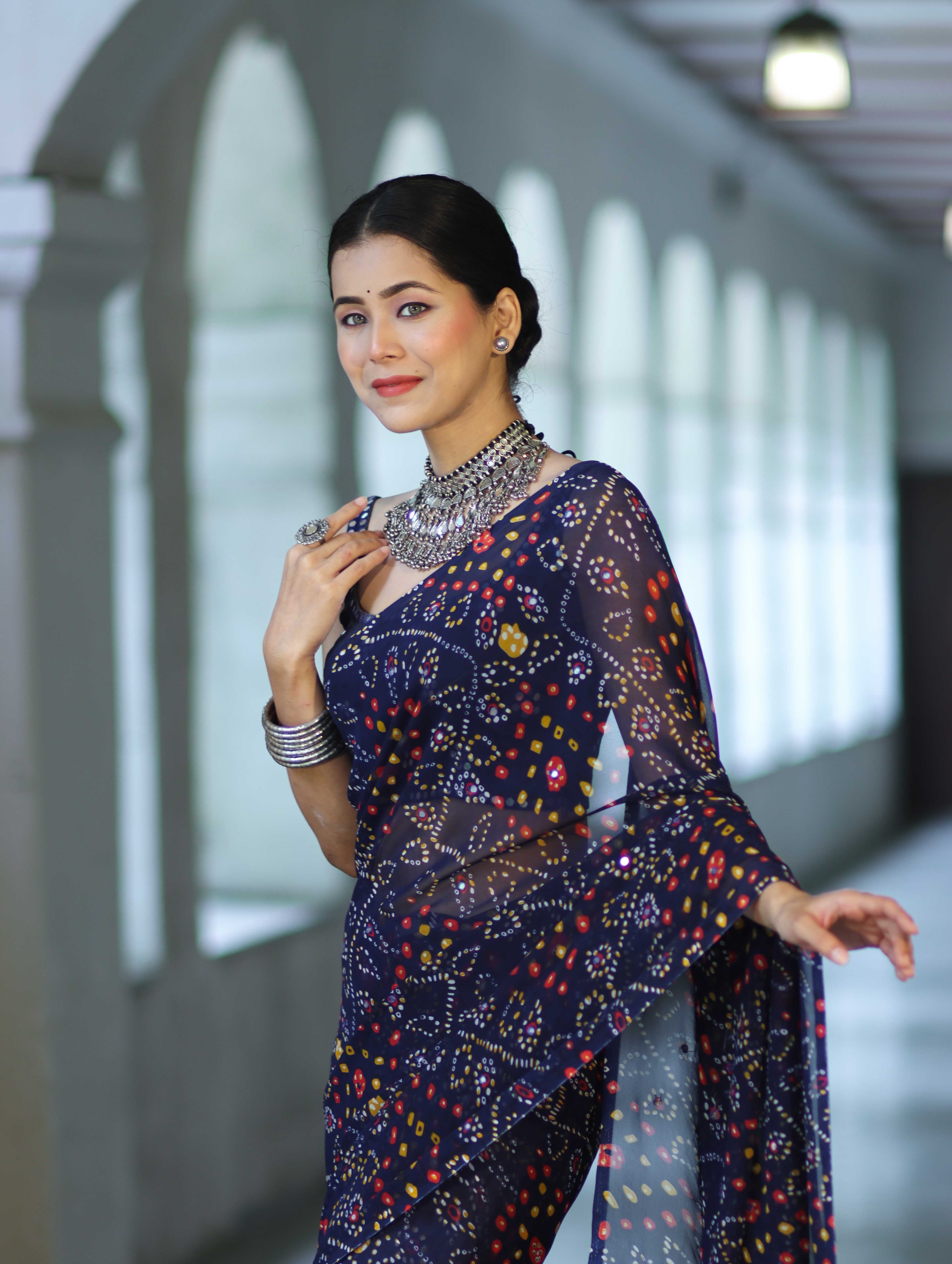 Banarasee Printed Handwork Chiffon Saree-Navy Blue
