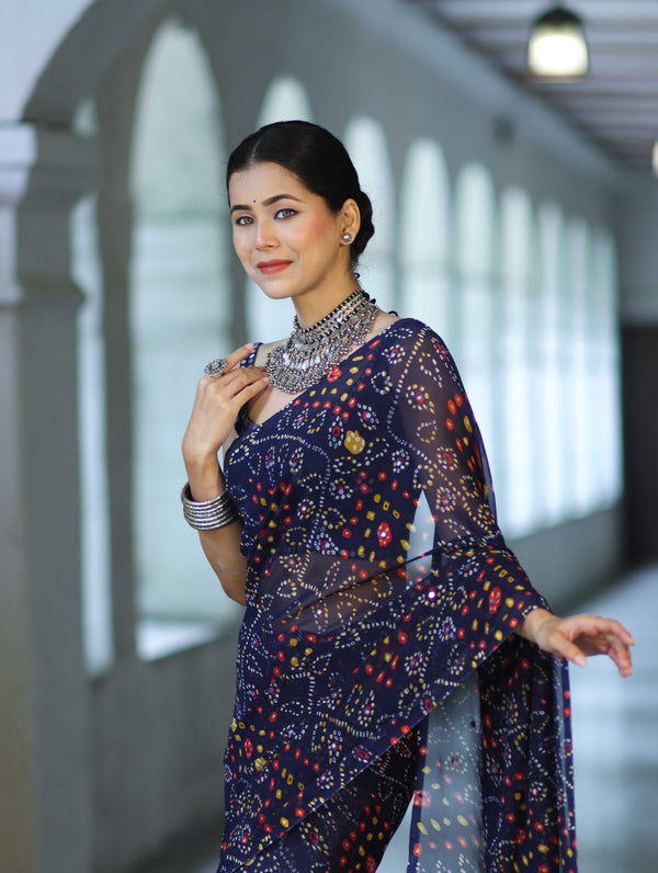 Banarasee Printed Handwork Chiffon Saree-Navy Blue