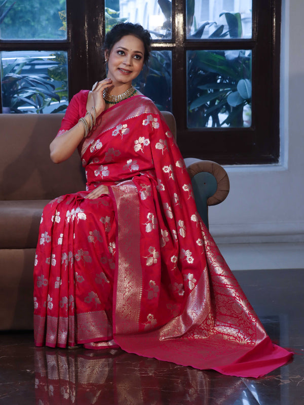 Banarasee Handwoven Semi-Katan Zari & Resham Weaving Floral Border Saree-Deep Pink