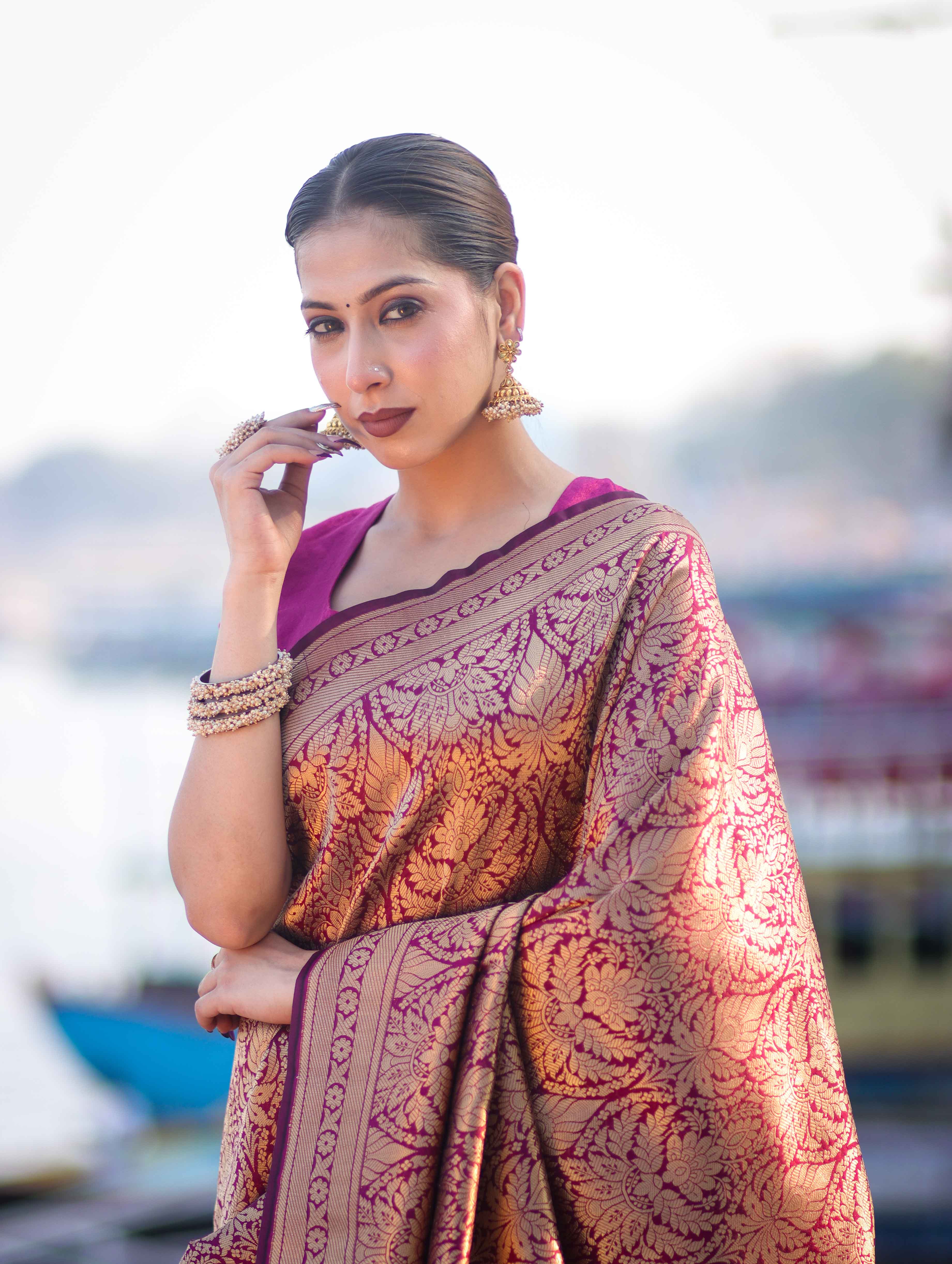 Banarasee Handloom Semi Katan Saree With Gold Zari Woven Design-Magenta