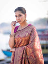 Banarasee Handloom Semi Katan Saree With Gold Zari Woven Design-Magenta