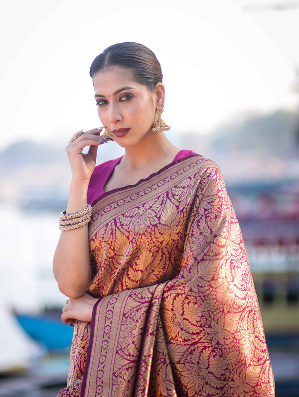 Banarasee Handloom Semi Katan Saree With Gold Zari Woven Design-Magenta
