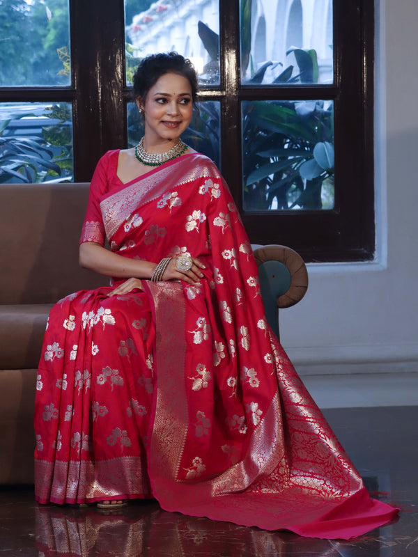 Banarasee Handwoven Semi-Katan Zari & Resham Weaving Floral Border Saree-Deep Pink