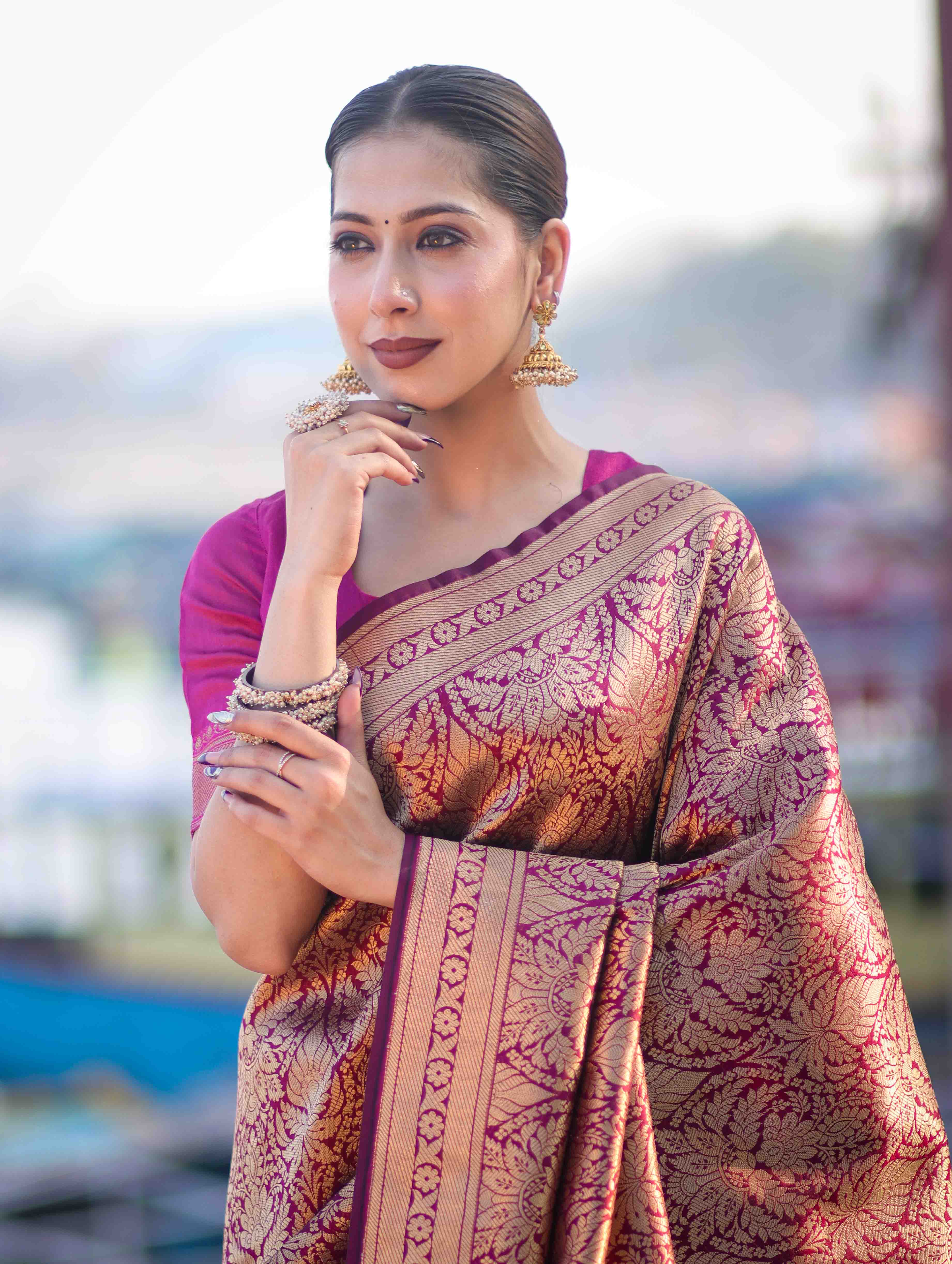 Banarasee Handloom Semi Katan Saree With Gold Zari Woven Design-Magenta