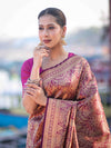 Banarasee Handloom Semi Katan Saree With Gold Zari Woven Design-Magenta