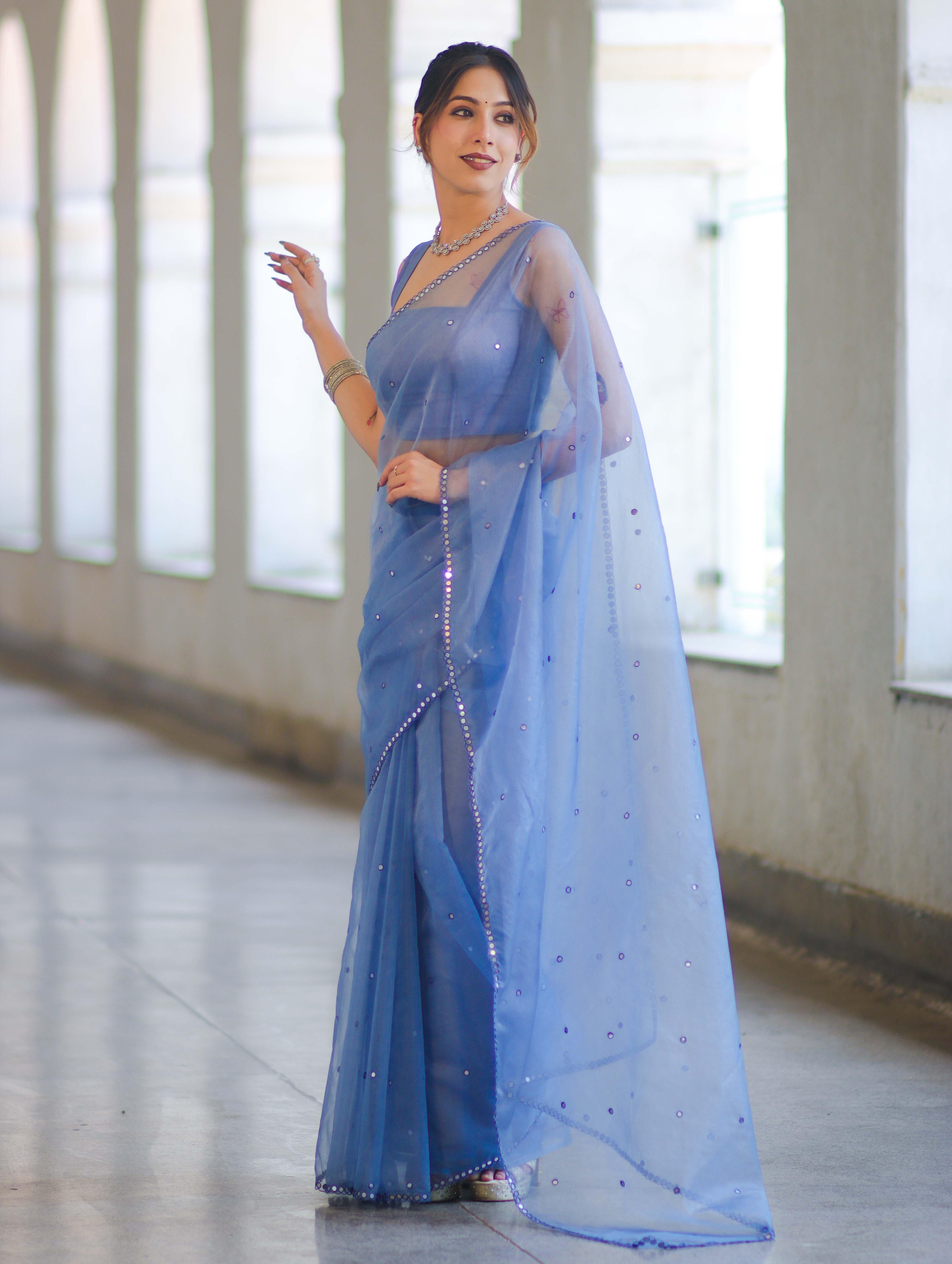 Banarasee Handwoven Organza Mix Saree With Mirror Work-Light Blue
