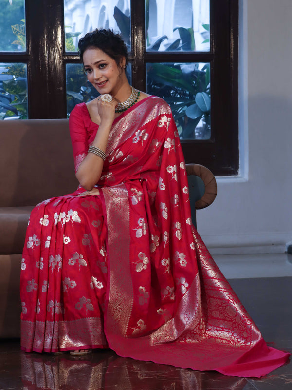 Banarasee Handwoven Semi-Katan Zari & Resham Weaving Floral Border Saree-Deep Pink