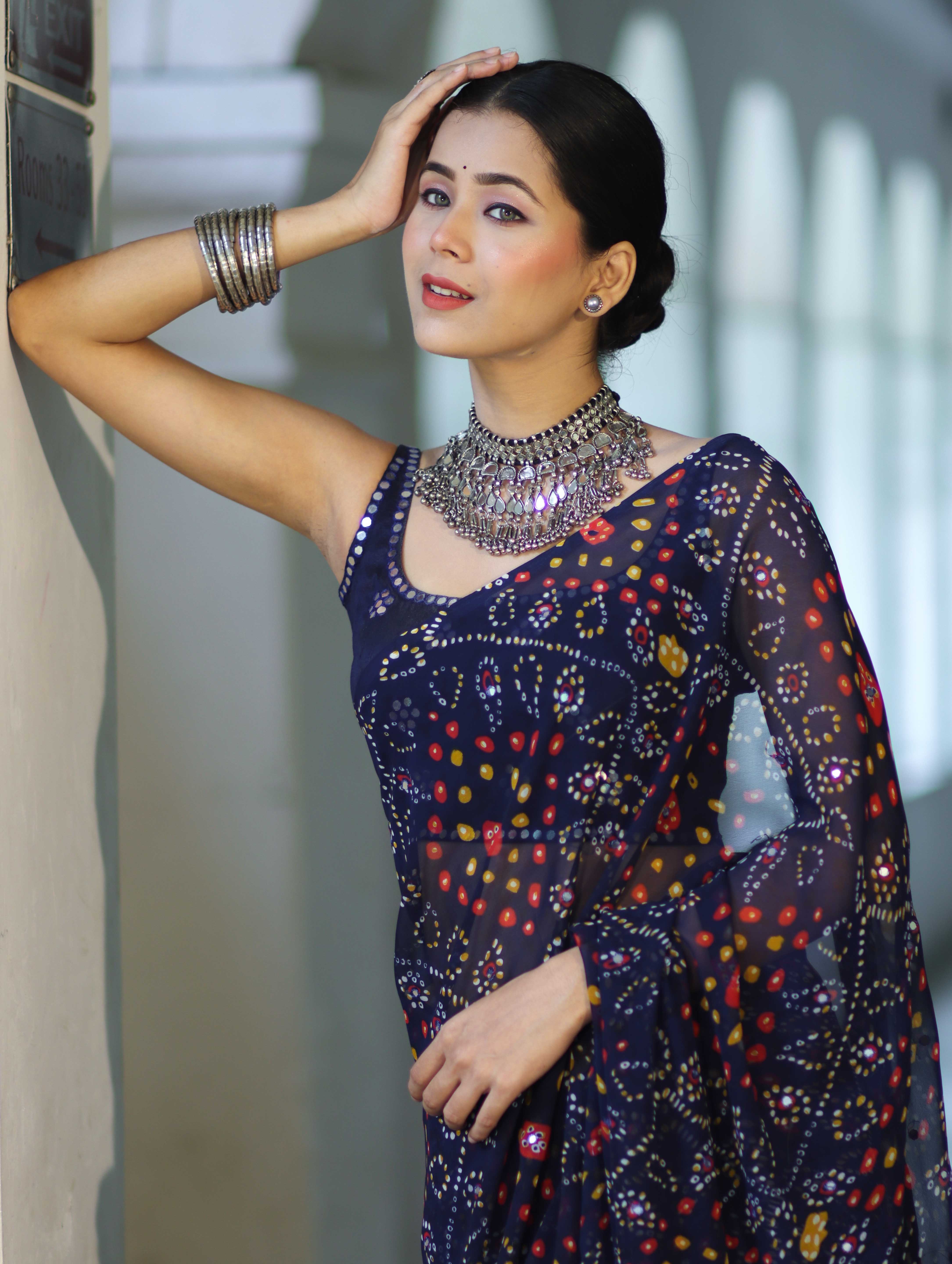 Banarasee Printed Handwork Chiffon Saree-Navy Blue