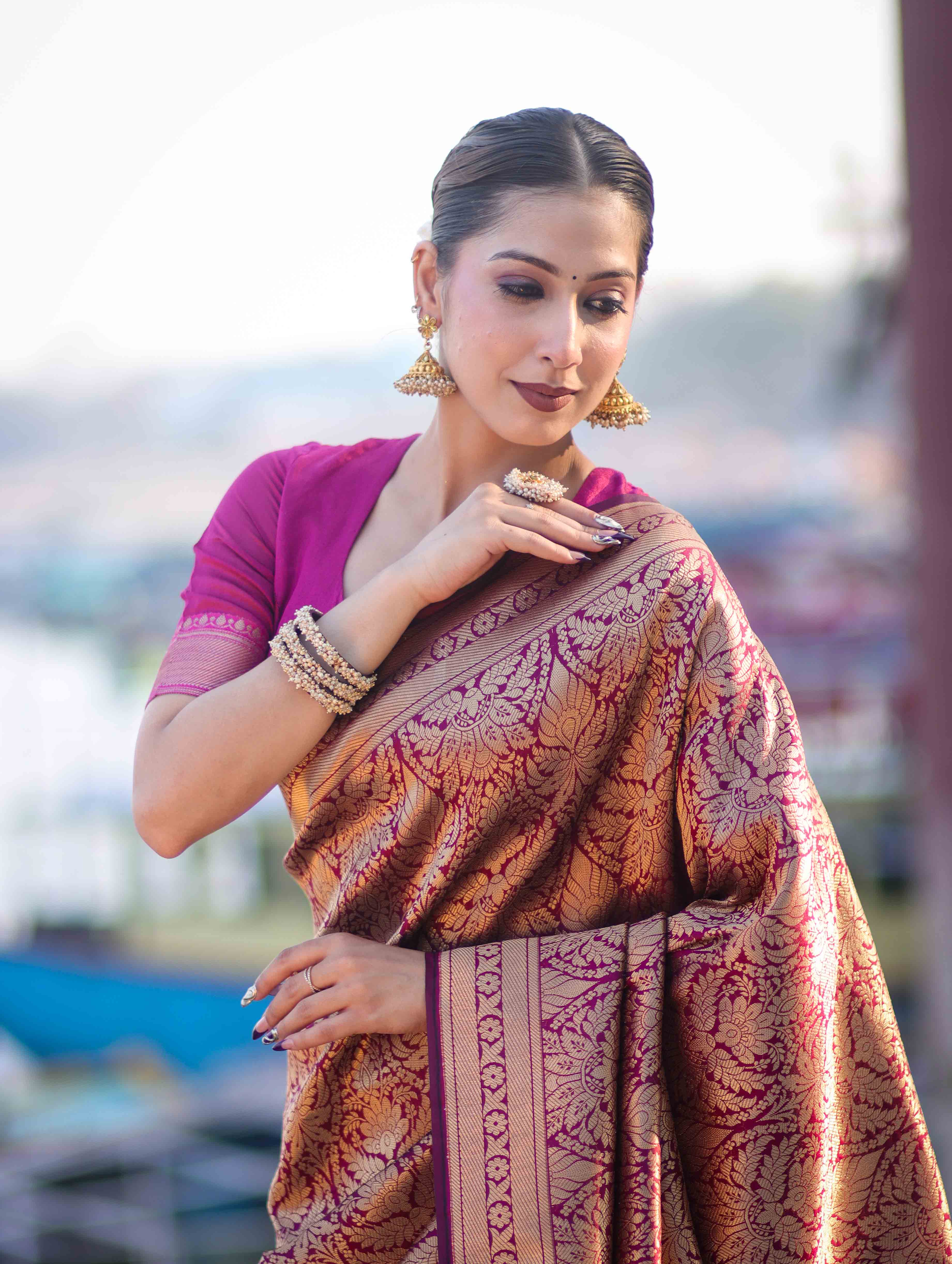 Banarasee Handloom Semi Katan Saree With Gold Zari Woven Design-Magenta