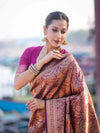Banarasee Handloom Semi Katan Saree With Gold Zari Woven Design-Magenta