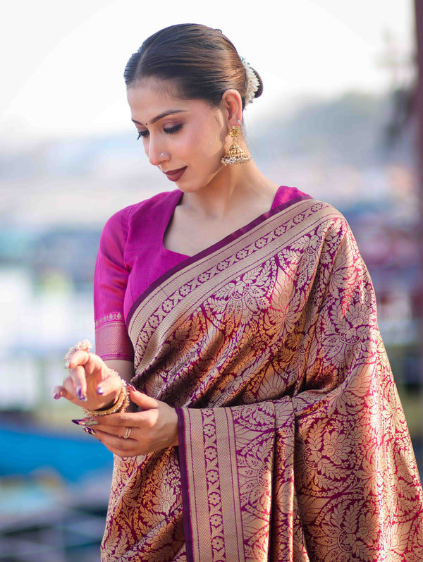 Banarasee Handloom Semi Katan Saree With Gold Zari Woven Design-Magenta