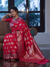 Banarasee Handwoven Semi-Katan Zari & Resham Weaving Floral Border Saree-Deep Pink