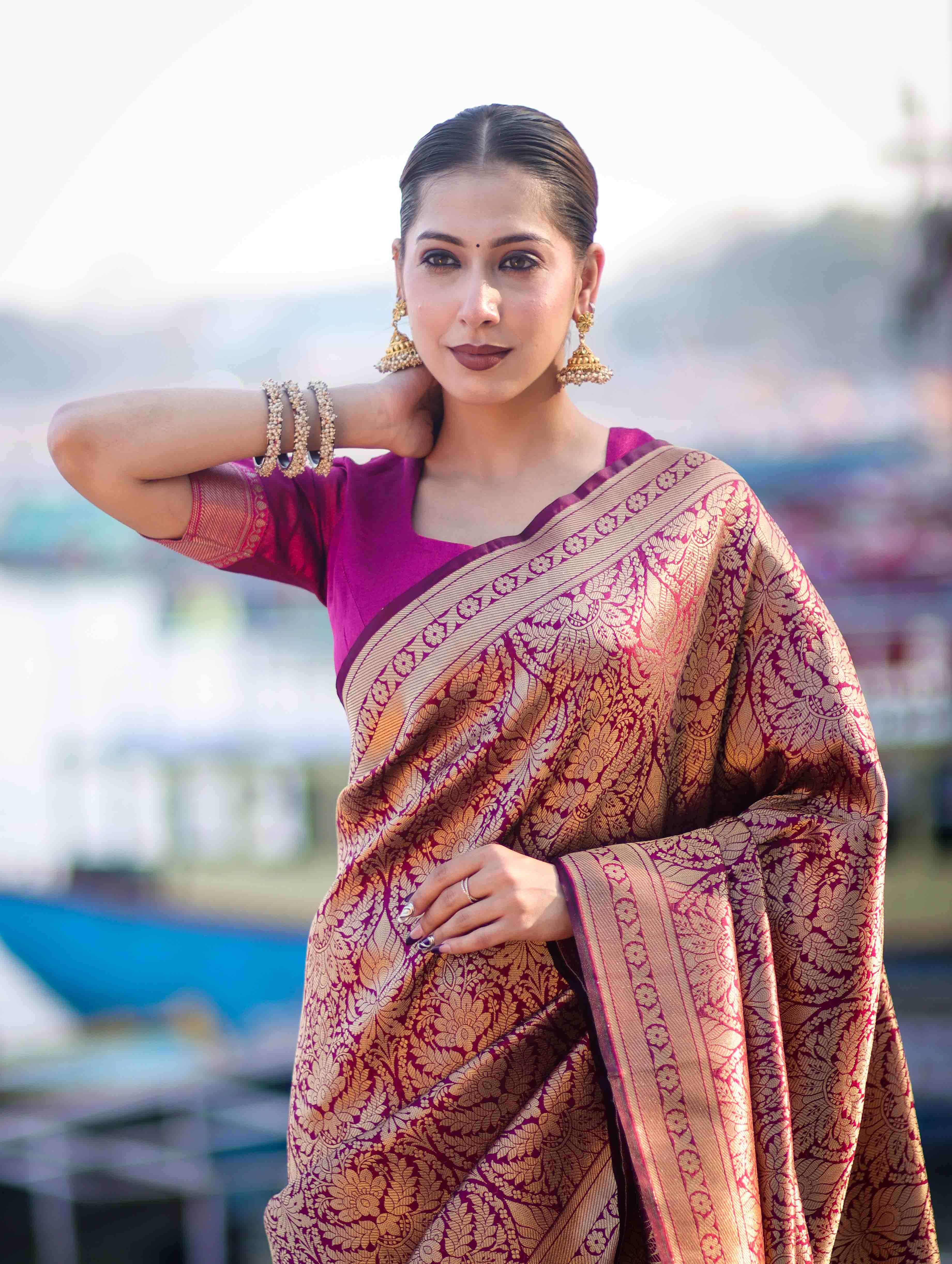 Banarasee Handloom Semi Katan Saree With Gold Zari Woven Design-Magenta