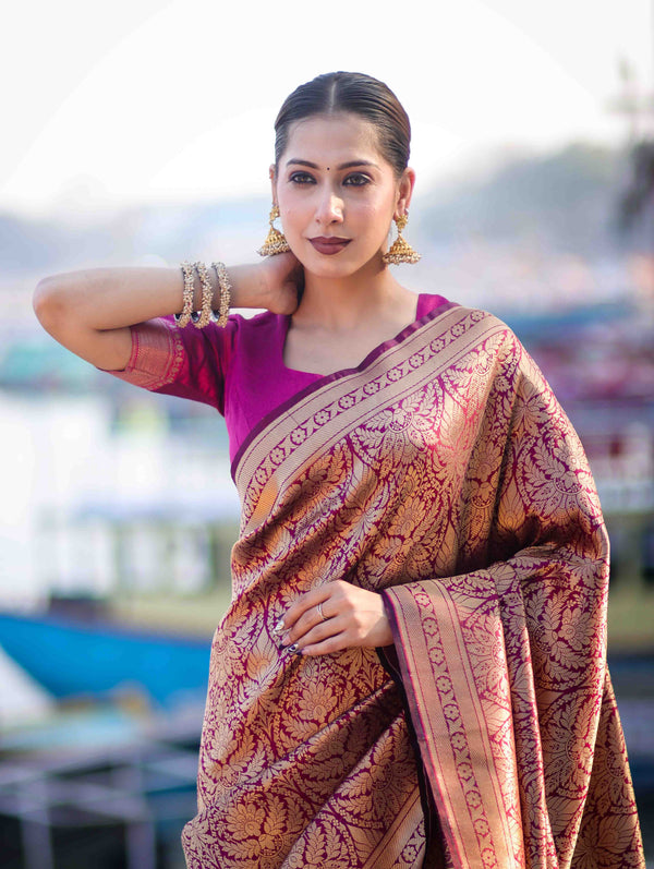 Banarasee Handloom Semi Katan Saree With Gold Zari Woven Design-Magenta
