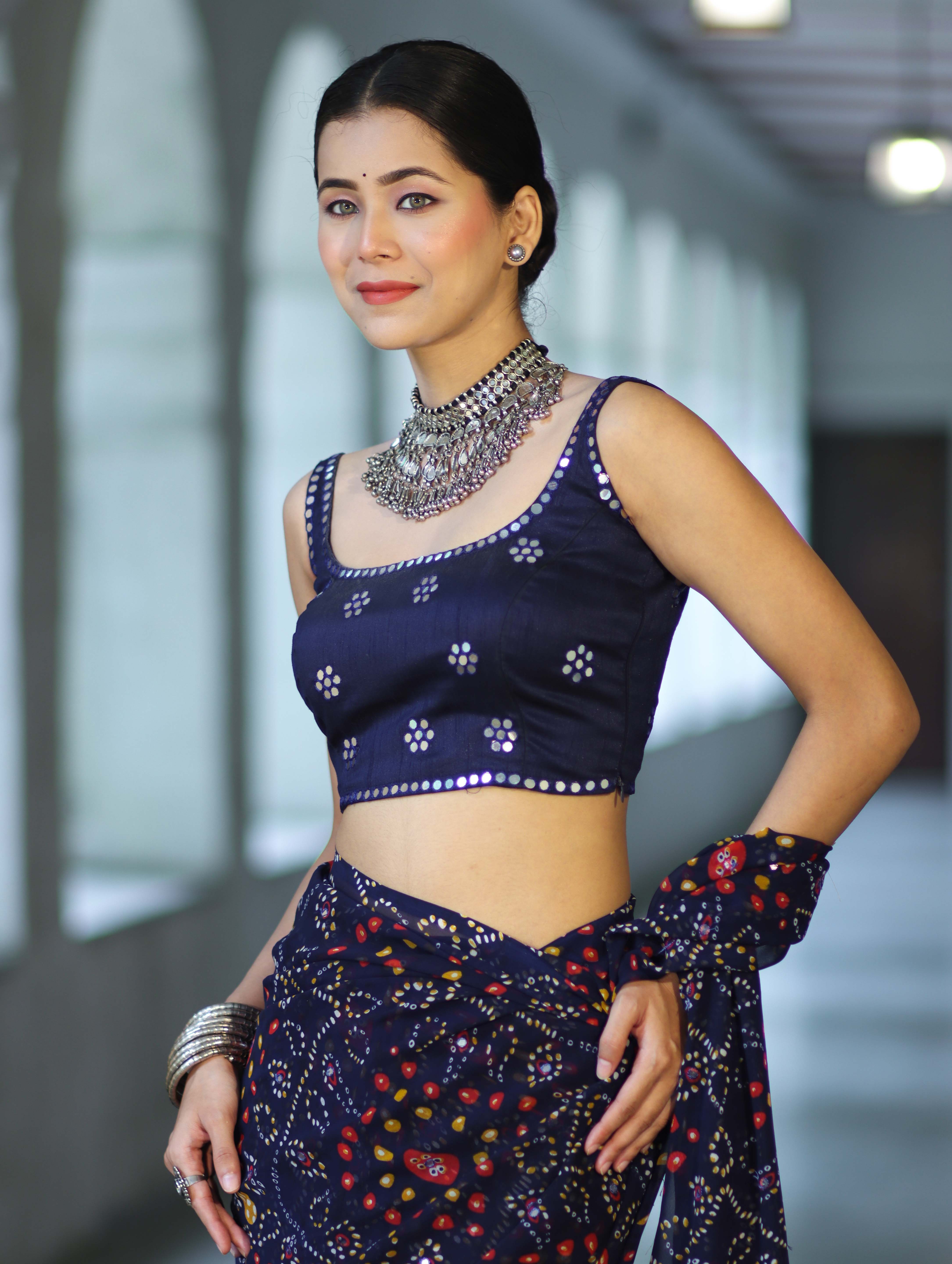 Banarasee Art Silk Fabric Hand Embroidered Mirror Work Blouse-Navy Blue