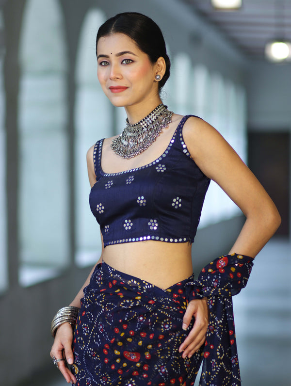 Banarasee Art Silk Fabric Hand Embroidered Mirror Work Blouse-Navy Blue