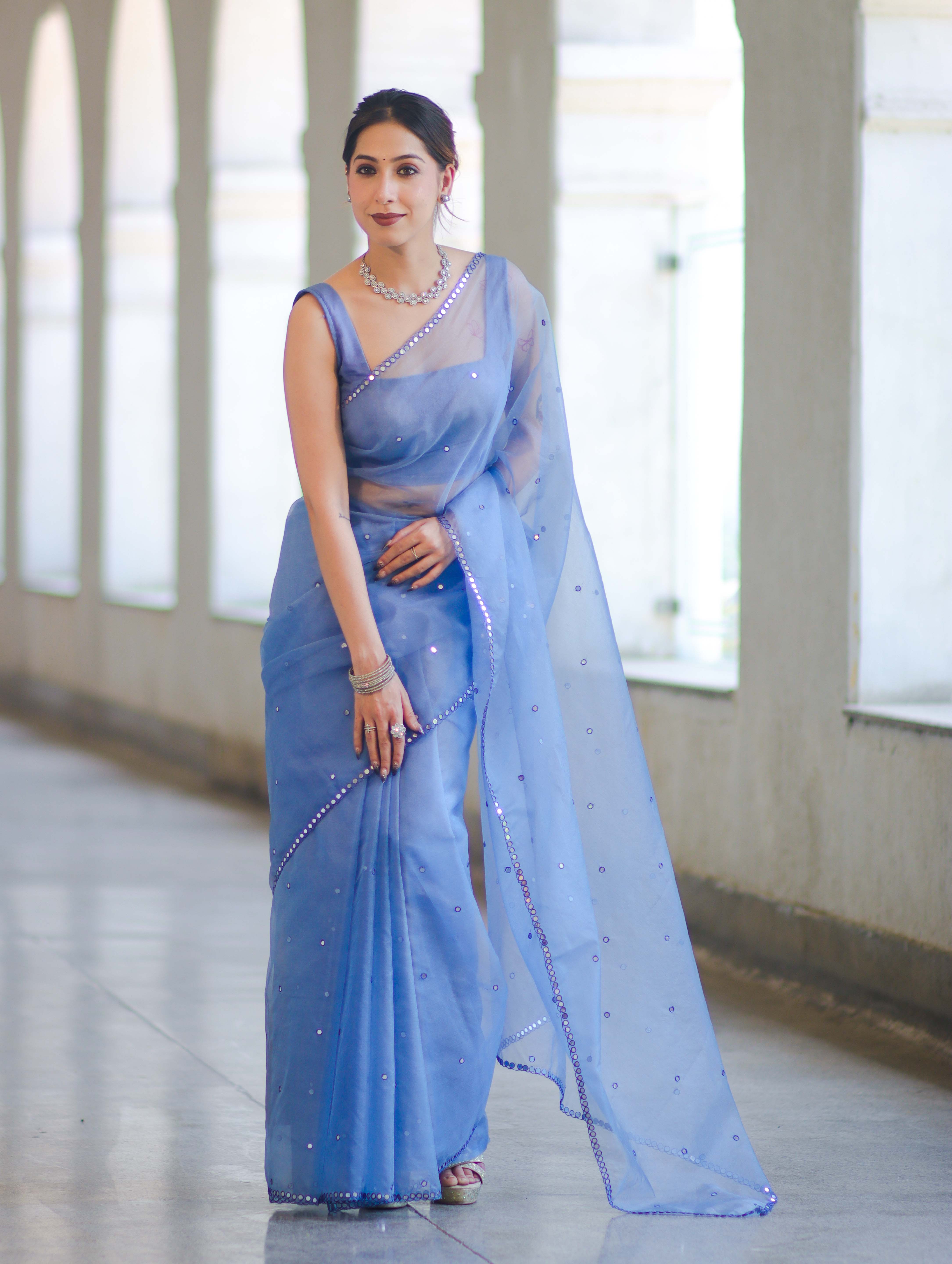 Banarasee Handwoven Organza Mix Saree With Mirror Work-Light Blue