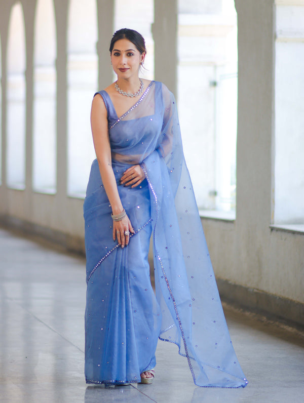 Banarasee Handwoven Organza Mix Saree With Mirror Work-Light Blue