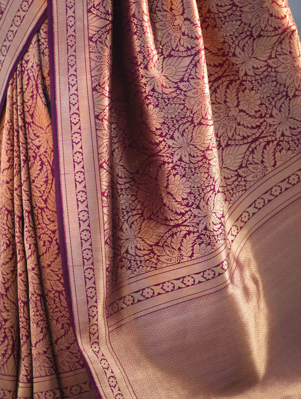 Banarasee Handloom Semi Katan Saree With Gold Zari Woven Design-Magenta
