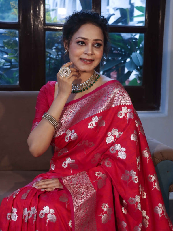 Banarasee Handwoven Semi-Katan Zari & Resham Weaving Floral Border Saree-Deep Pink