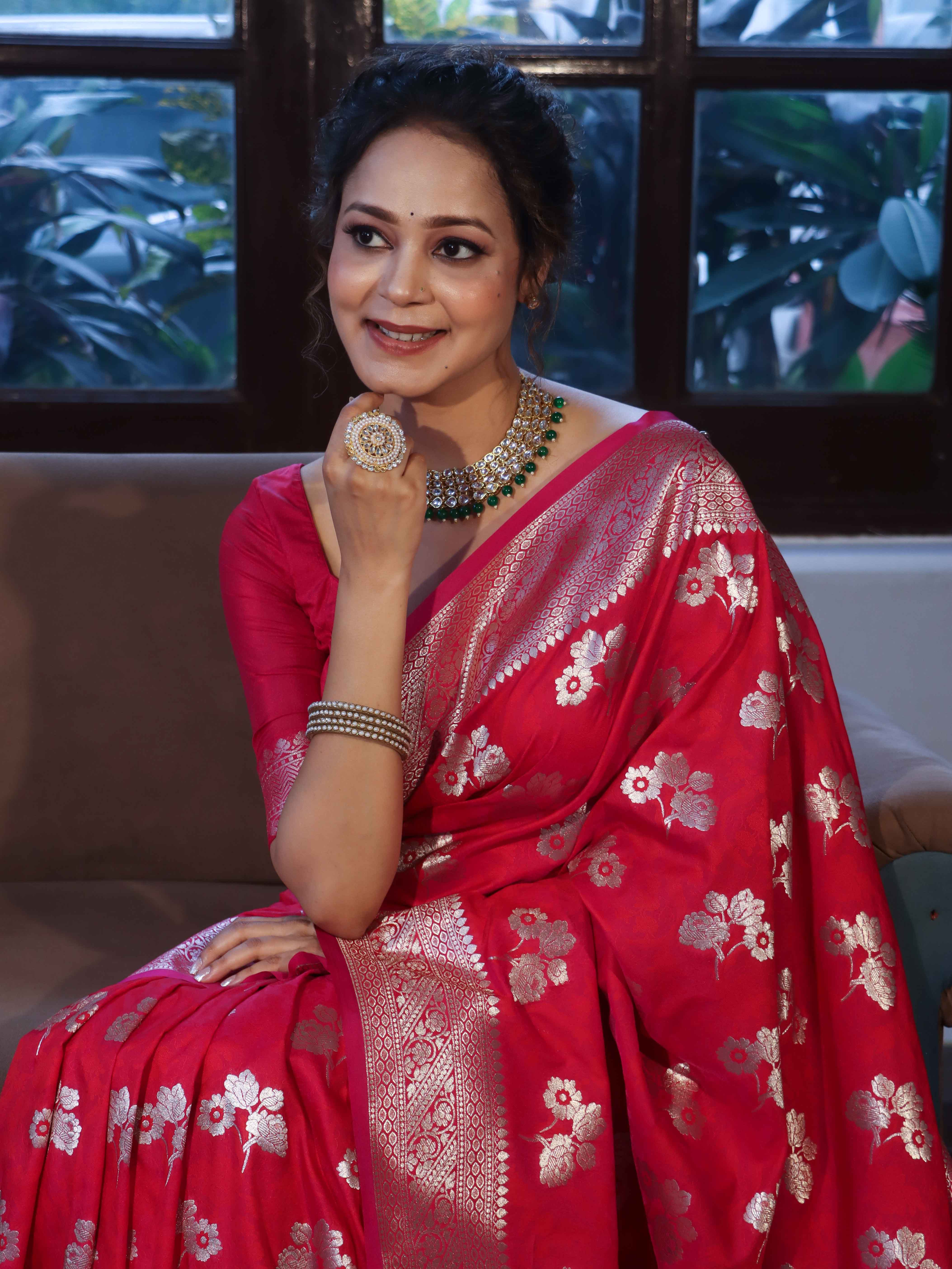 Banarasee Handwoven Semi-Katan Zari & Resham Weaving Floral Border Saree-Deep Pink