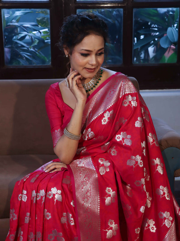 Banarasee Handwoven Semi-Katan Zari & Resham Weaving Floral Border Saree-Deep Pink