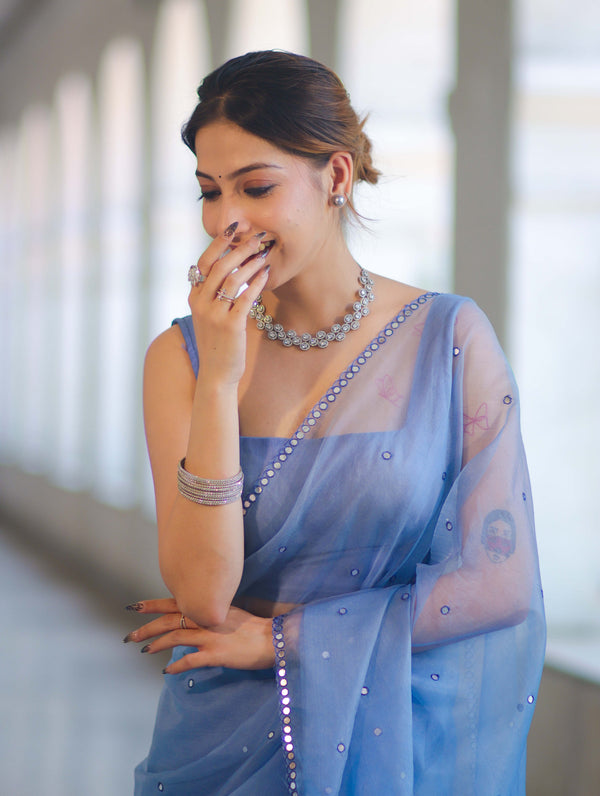 Banarasee Handwoven Organza Mix Saree With Mirror Work-Light Blue