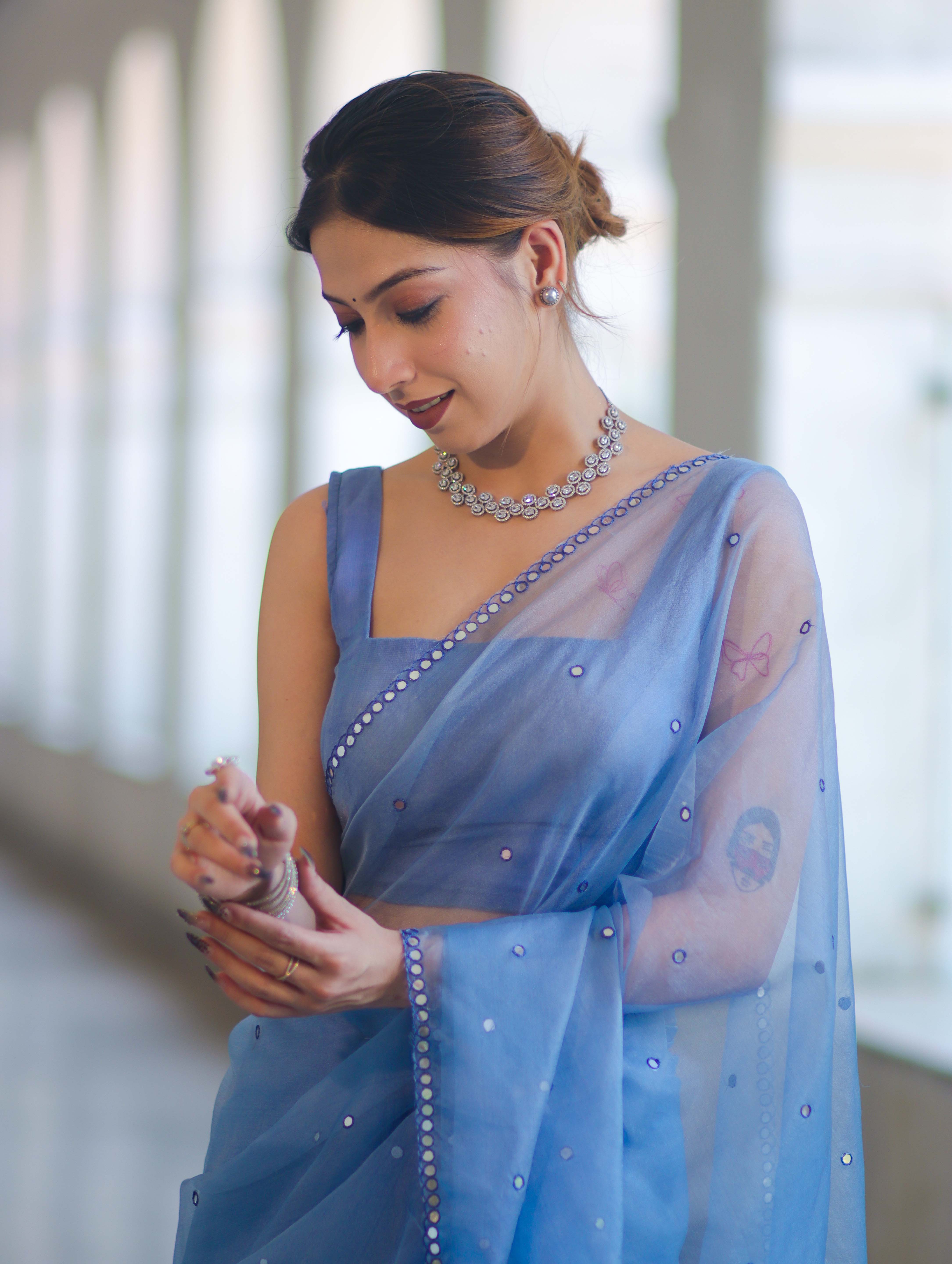 Banarasee Handwoven Organza Mix Saree With Mirror Work-Light Blue