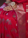 Banarasee Handwoven Semi-Katan Zari & Resham Weaving Floral Border Saree-Deep Pink