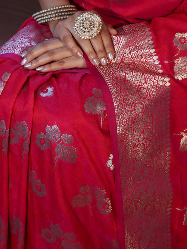 Banarasee Handwoven Semi-Katan Zari & Resham Weaving Floral Border Saree-Deep Pink