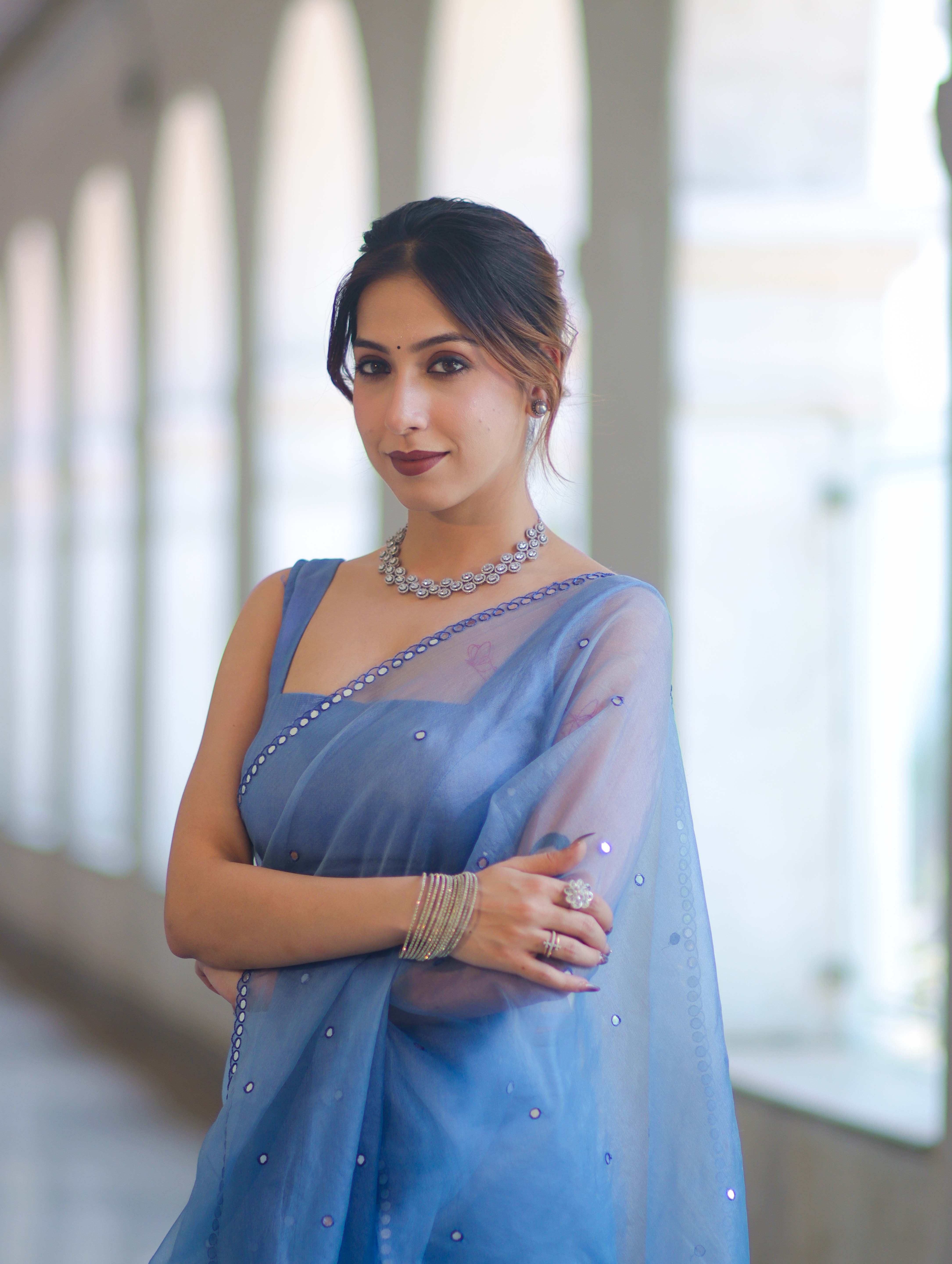 Banarasee Handwoven Organza Mix Saree With Mirror Work-Light Blue