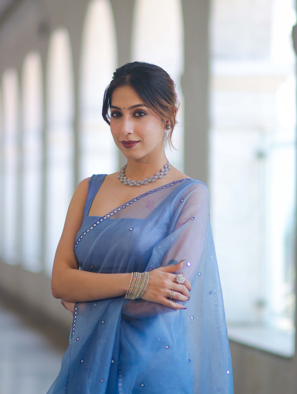 Banarasee Handwoven Organza Mix Saree With Mirror Work-Light Blue