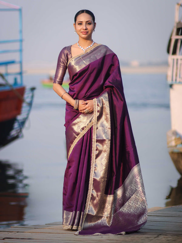 Banarasee Handloom Semi Silk Plain Saree With Zari Border & Lace-Purple